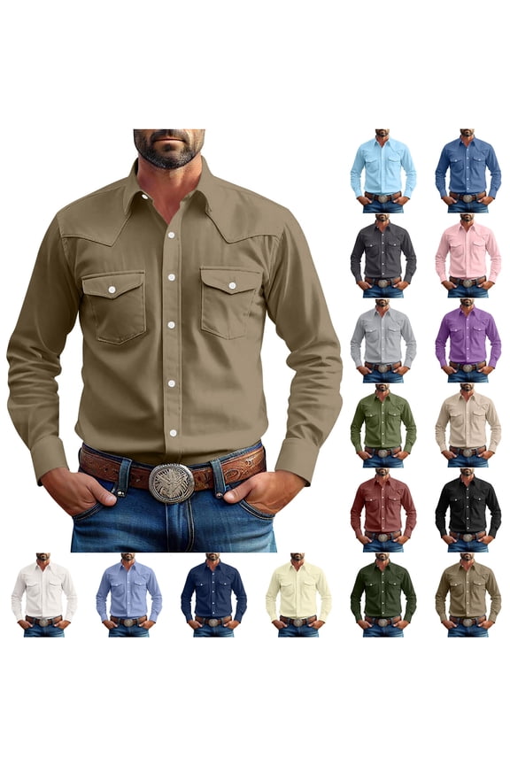 Men's & Big Men's Cowboy Shirts Long Sleeve Lapel Button Closure Vintage Solid Color Casual Shirts Summer Outdoor Outfits S-5XL