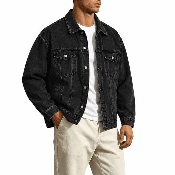 Akmaiox Men's & Big Men's Denim Jacket Button Up Long Sleeve Shirts Regular Fit Jean Trucker Jacket with Pockets Black XXL