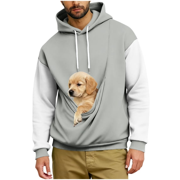 Akmaiox Men's Cat Dog Pouch Fleece Hoodie Kangaroo Pouch Hoodies Loose Long Sleeve Fall Winter Pull Over Sweatshirt S-3XL