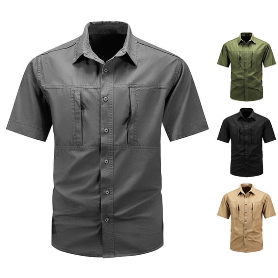 Akmaiox Mens Button Down Shirt Lapel Cargo Front Zippered Pocket Mens Shirts Breathable Comfortable Summer Daily Work Wear Tops M-5XL