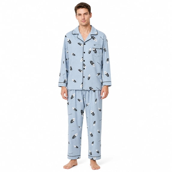 Akmaiox Mens Pajamas Set Cotton 2 Piece Long Sleeve Lapel Button Down Shirt Elastic Waist Pants Casual Loose Lounge Sleepwear Sets