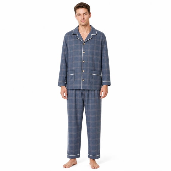 Akmaiox Mens Pajamas Set Cotton 2 Piece Long Sleeve Lapel Button Down Shirt Elastic Waist Pants Casual Loose Lounge Sleepwear Sets