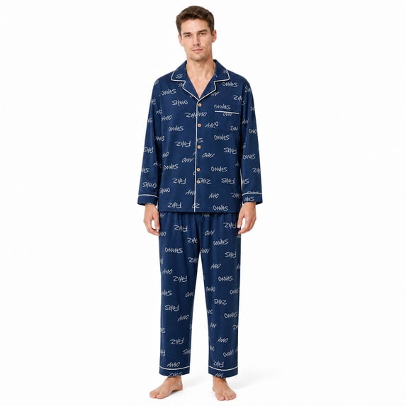 Akmaiox Mens Pajamas Set Cotton 2 Piece Long Sleeve Lapel Button Down Shirt Elastic Waist Pants Casual Loose Lounge Sleepwear Sets