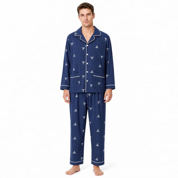 Akmaiox Mens Pajamas Set Cotton 2 Piece Long Sleeve Lapel Button Down Shirt Elastic Waist Pants Casual Loose Lounge Sleepwear Sets