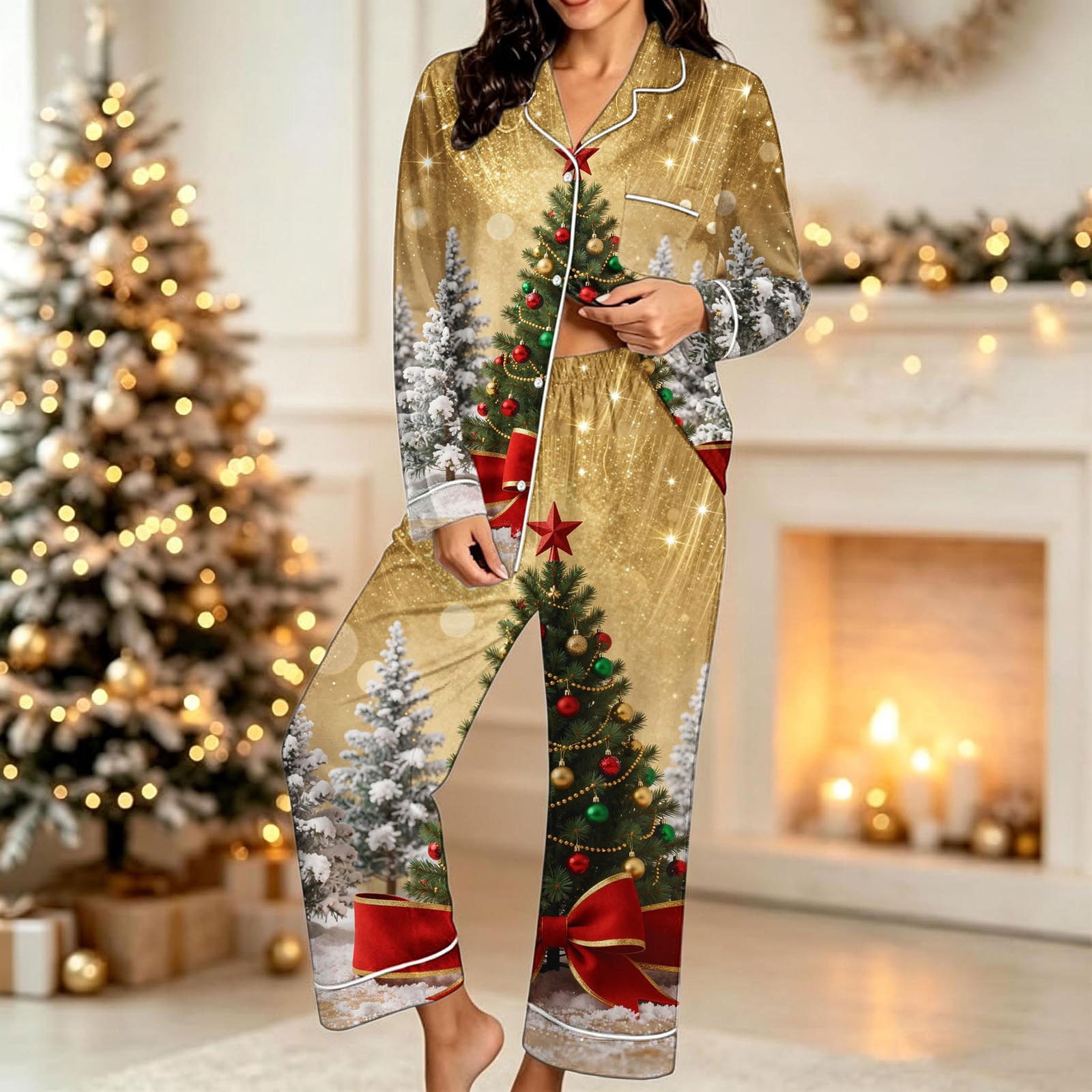 Akmaiox Pajamas for Women Set Christmas Printed Button Up Long Sleeve ...