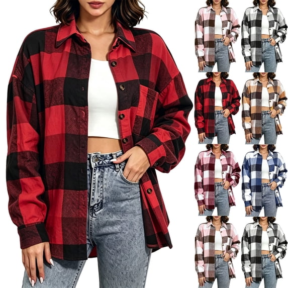 Akmaiox Plaid Flannel Shirts for Women,Dressy Casual Long Sleeve Lapel Button Down Shirts,Fitted Women's Plus Size Business Work Blouses,Red L