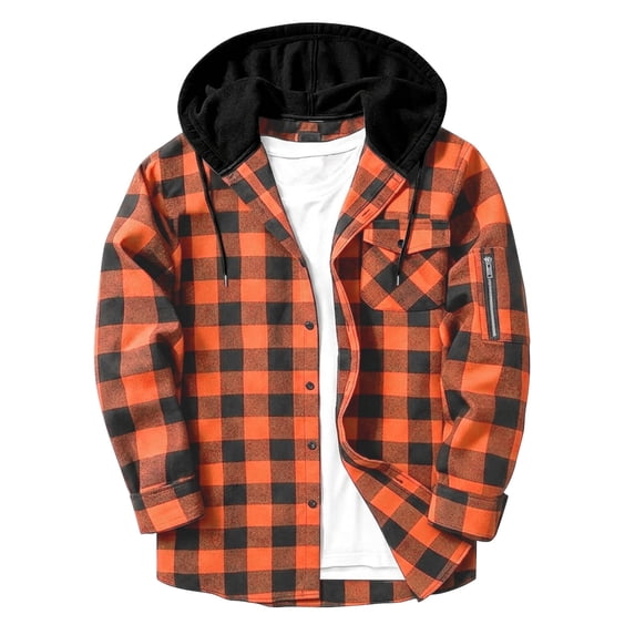 Akmaiox Plaid Hoodies for Men Long Sleeve Button Down Sweatshirt with Hood Drawstring Side Zip Pocket Casual Loose Streetwear Workout Jackets S-3XL