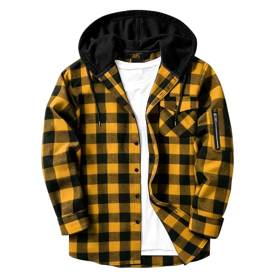 Akmaiox Plaid Hoodies for Men Long Sleeve Button Down Sweatshirt with Hood Drawstring Side Zip Pocket Casual Loose Streetwear Workout Jackets S-3XL
