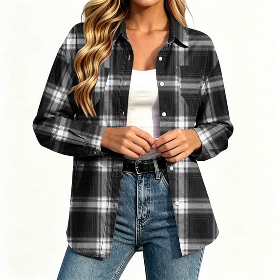 Akmaiox Plaid Shirts for Women Long Sleeve Button Down Business Casual Shirts with Pockets Loose Fitted Daily Going Out Tops for Women