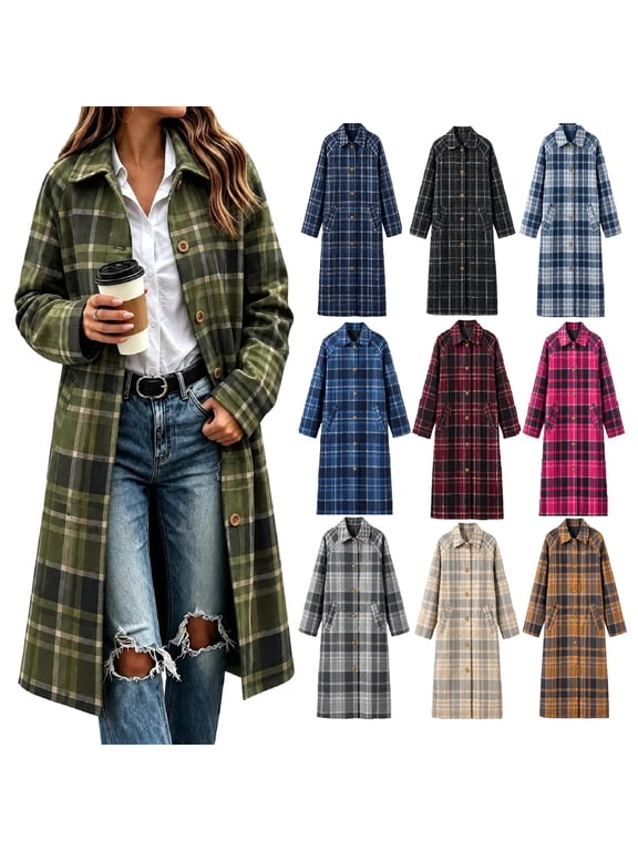 Plaid Trench Coat Women Long Sleeve Lapel Button Down Casual Loose Winter Jacket with Pockets