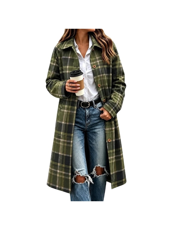 Plaid Trench Coat Women Long Sleeve Lapel Button Down Casual Loose Winter Jacket with Pockets