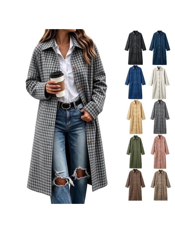 Plaid Trench Coat Women Long Sleeve Lapel Button Down Casual Loose Winter Jacket with Pockets
