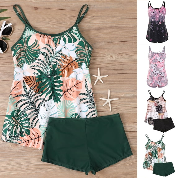 Akmaiox Plus Size Swimsuit for Women Hawaiian Floral Tankini Swimsuits Crew Neck Adjustable Shoulder Straps Summer Vacation Beach Pool Modest Swimsuits with Boyshorts S-5XL