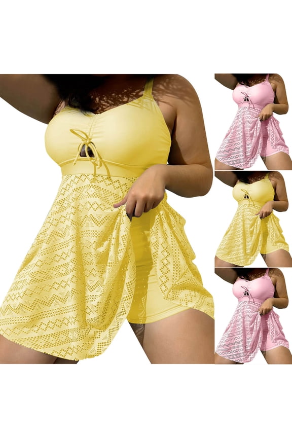 Plus Size Swimsuit for Women Two Piece V Neck Cutout Bikini Knit Hollow Out Skirt Summer Beach Pool Wear XL-4XL