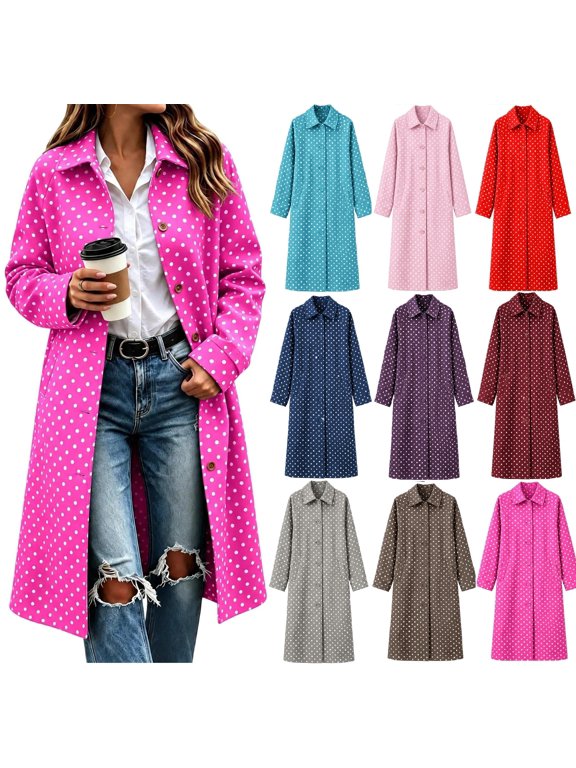 Polka Dots Trench Coat Women Long Sleeve Lapel Button Down Casual Loose Winter Jacket with Pockets