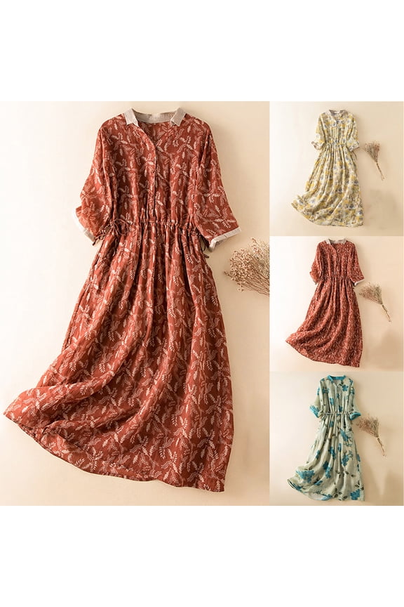 Summer Dress for Women Floral V Neck Button Drawstring Waist Ankle Length Dresses Beach Sundress M-3XL