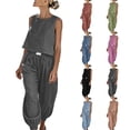 thumbnail image 1 of Akmaiox Two Piece Linen Sets for Women Sleeveless Crop Tank Tops with Elastic Waist Joggers Hiking Pants Breathable Comfy Workout Sets Summer Vacation Lounge Sets S-3XL, 1 of 10