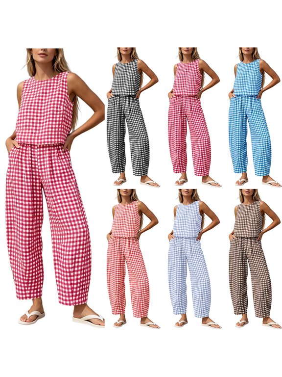 Two Piece Sets for Women Checkered Print Sleeveless Tank Top Pullover Shirts Elastic Waist Plaid Wide Leg Pants with Pockets Summer Vacation Lounge Sets S-2XL