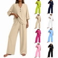 thumbnail image 1 of Akmaiox Two Piece Sets for Women Short Sleeve Half Button Pullover Shirts Elastic Waist Wide Leg Pants Linen Sets Breathable Comfy Summer Vacation Loose Lounge Sets S-3XL, 1 of 8