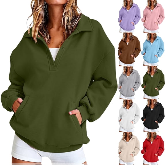 Akmaiox Womens Oversized Sweatshirts Half Button Lapel Pullover Elastic cuffs Fashion Hoodies Loungewear Clothes with Pockets S‑2XL