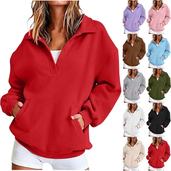 Akmaiox Womens Oversized Sweatshirts Half Button Lapel Pullover Elastic cuffs Fashion Hoodies Loungewear Clothes with Pockets S‑2XL