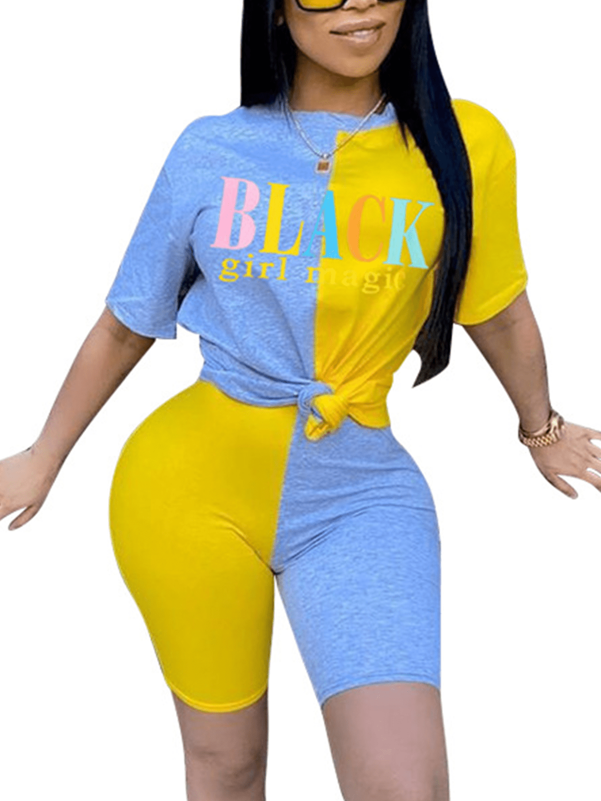 Akmipoem 2 Piece Bike Short Sets Colorblock Letter Print Activewear