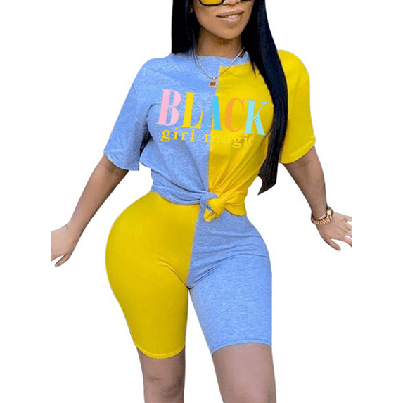 Akmipoem 2 Piece Bike Short Sets Colorblock Letter Print Activewear Outfits Womens