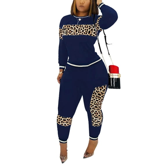Akmipoem 2 Piece Outfits Women Leopard Sweatsuit Tracksuit Jogging Suit Activewear Sets Navy Blue XL