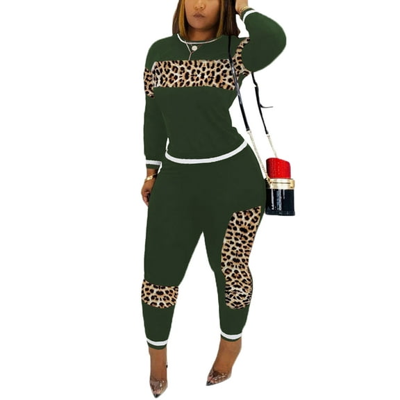 Akmipoem 2 Piece Outfits Women Leopard Sweatsuit Tracksuit Jogging Suit Activewear Sets