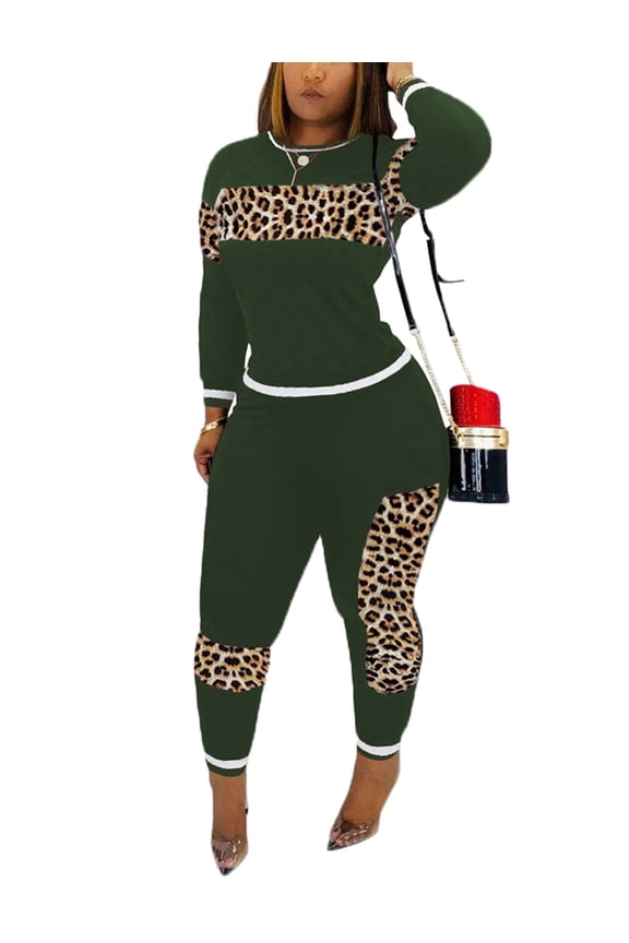 2 Piece Outfits Women Leopard Sweatsuit Tracksuit Jogging Suit Activewear Sets