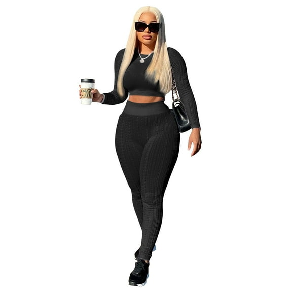 Akmipoem 2 Piece Outfits Women Sexy Long Sleeve Pullover Crop Sweater High Waist Leggings Tracksuit Set Black M