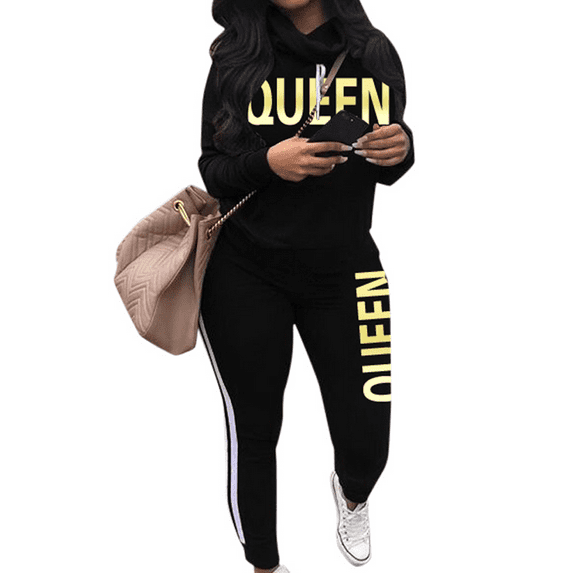Akmipoem 2 Piece Sweatsuit Women Cowl Neck Letter Print Trackpants Tracksuit Outfits Black XL