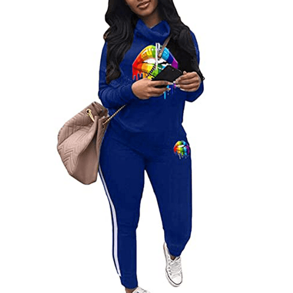 Akmipoem 2 Piece Sweatsuit Women Plus Lips Graphic Print Cowl Neck Long Sleeve Tracksuit Outfit Blue XL