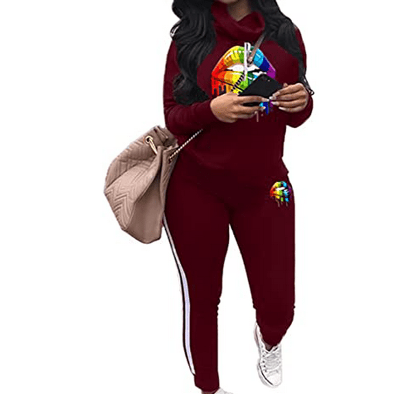 Akmipoem 2 Piece Sweatsuit Women Plus Lips Graphic Print Cowl Neck Long Sleeve Tracksuit Outfit Wine Red 3XL