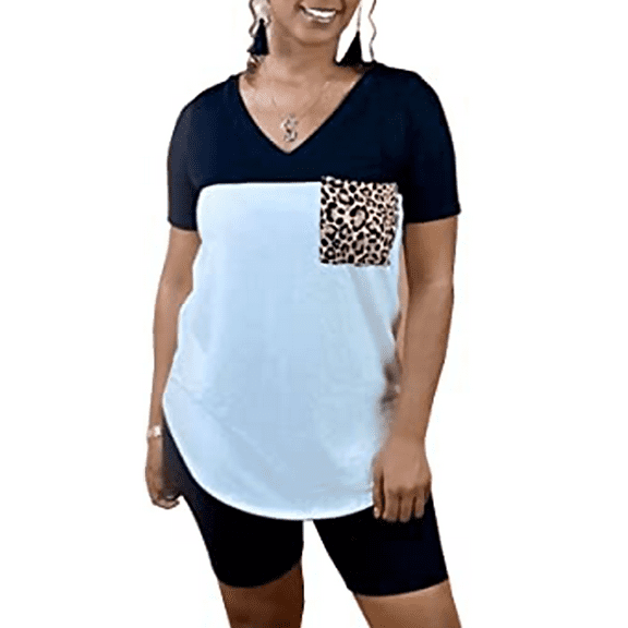 Akmipoem Two Piece Outfits for Women Biker Short Sets Summer Tops Colorblock Leopard Suit