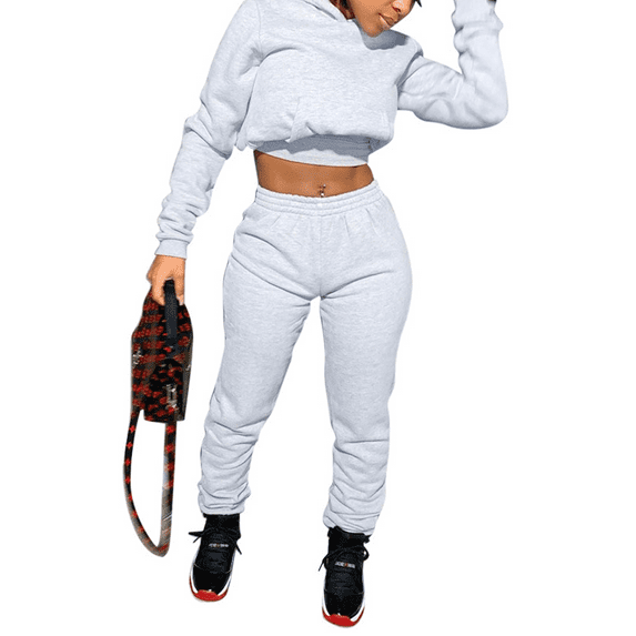 Akmipoem Women 2 PC Hoodie Pullover Sweatshirts Sweatsuits Tracksuit Sets Light Gray M
