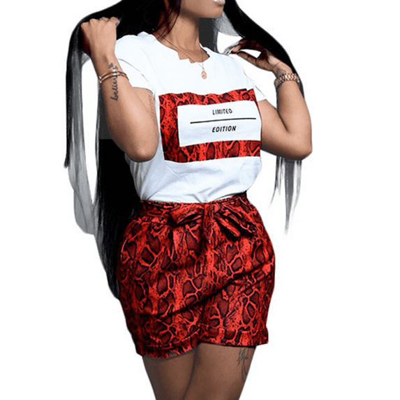 Akmipoem Women 2 Piece Outfits Snakeskin Tracksuit T-shirt Trouser Short Set