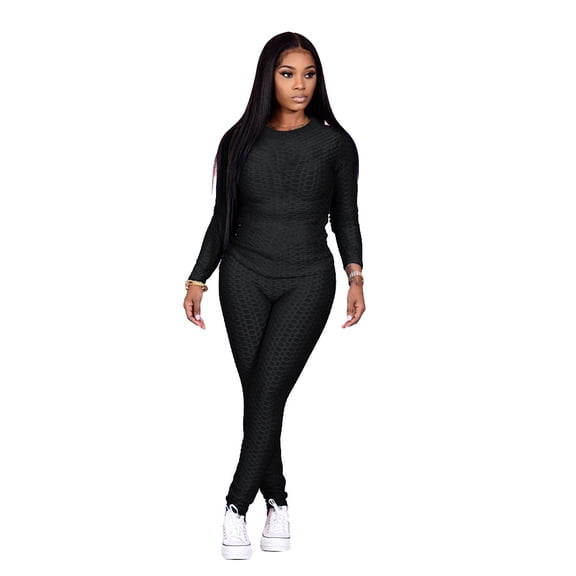 Akmipoem Women 2 Piece Outfits Textured Tracksuit Jogging Suits Long Sleeve Leggings Sweatsuits Sets