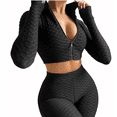 thumbnail image 1 of Akmipoem Women 2 Piece Outfits Workout Set Textured Gym Yoga Booty Short Zip up Crop Top Tracksuit, 1 of 5