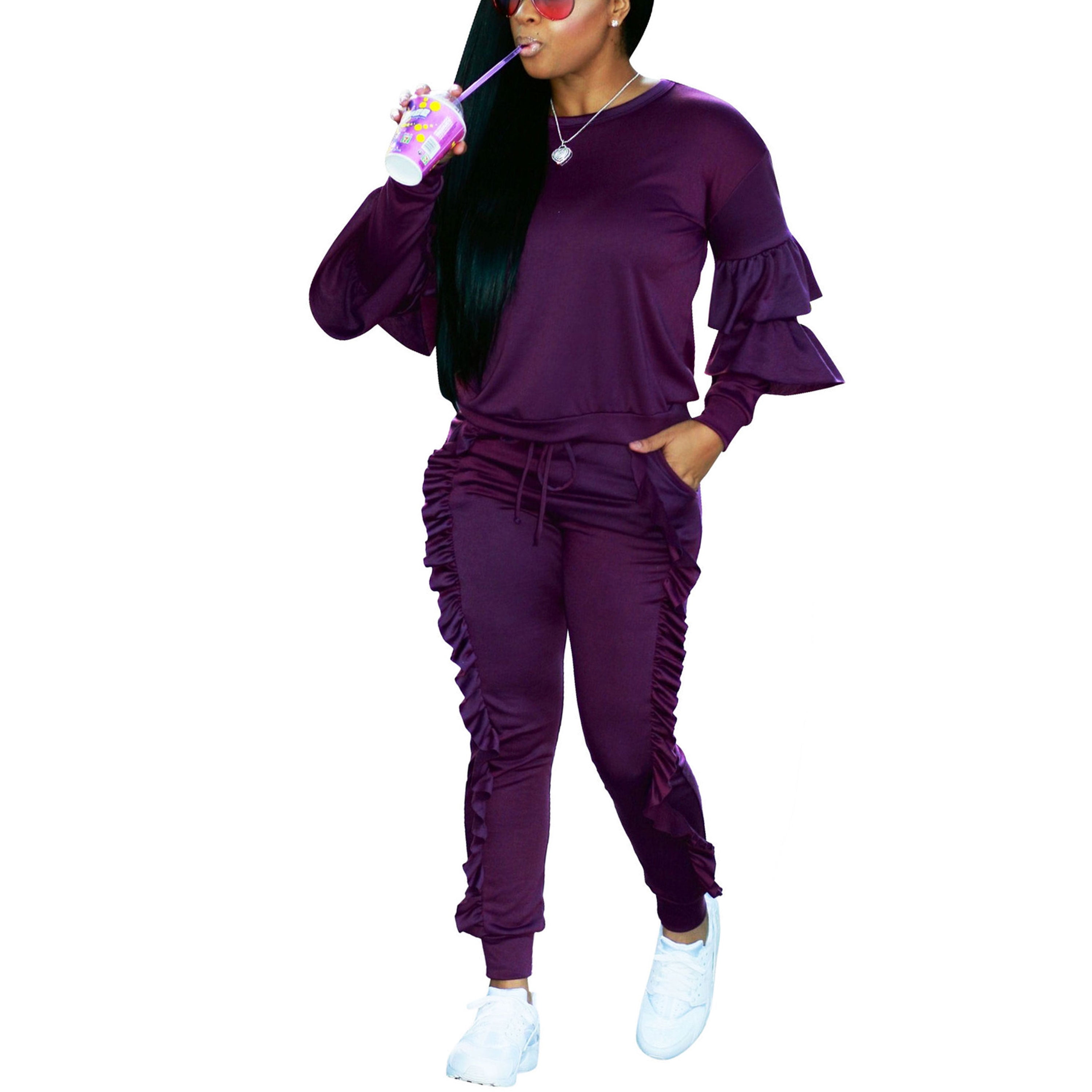 Akmipoem Women 2 Piece Sweatsuits Ruffle Pullover Sweatshirts