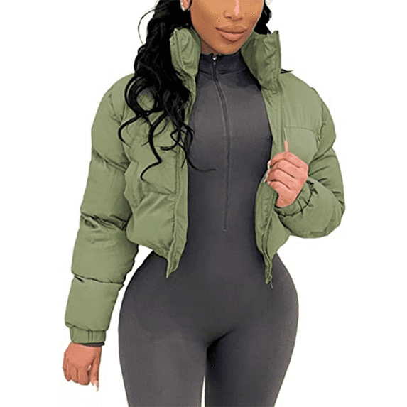 Akmipoem Women Cropped Zip up Puffer Jacket Winter Lightweight Down Jacket Quilted Padded Coat