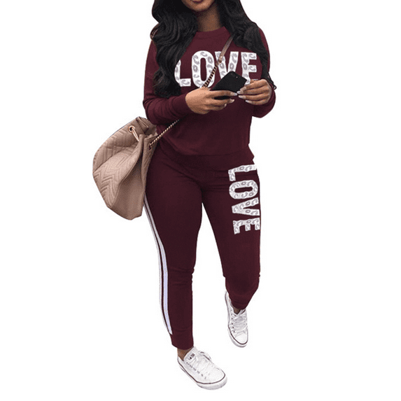 Akmipoem Women Letter Sweatsuit 2 Piece Plus Size Striped Trackpants Pullover Outfits Jogging Suit Tracksuit