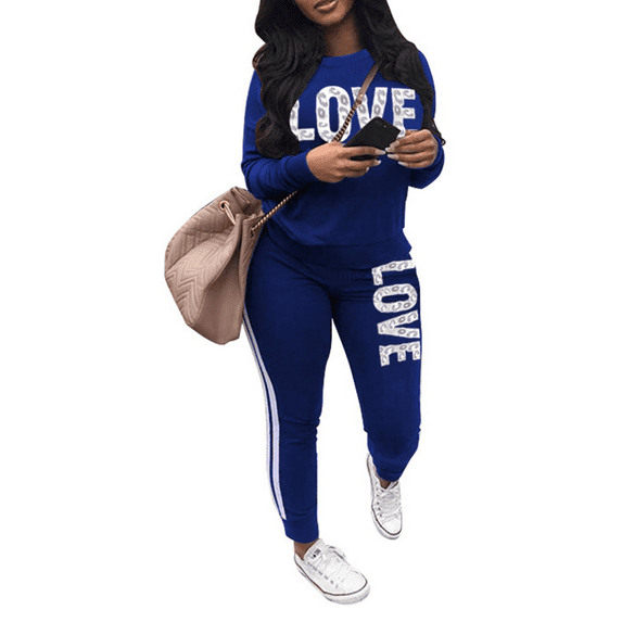 Akmipoem Women Letter Sweatsuit 2 Piece Plus Size Striped Trackpants Pullover Outfits Jogging Suit Tracksuit