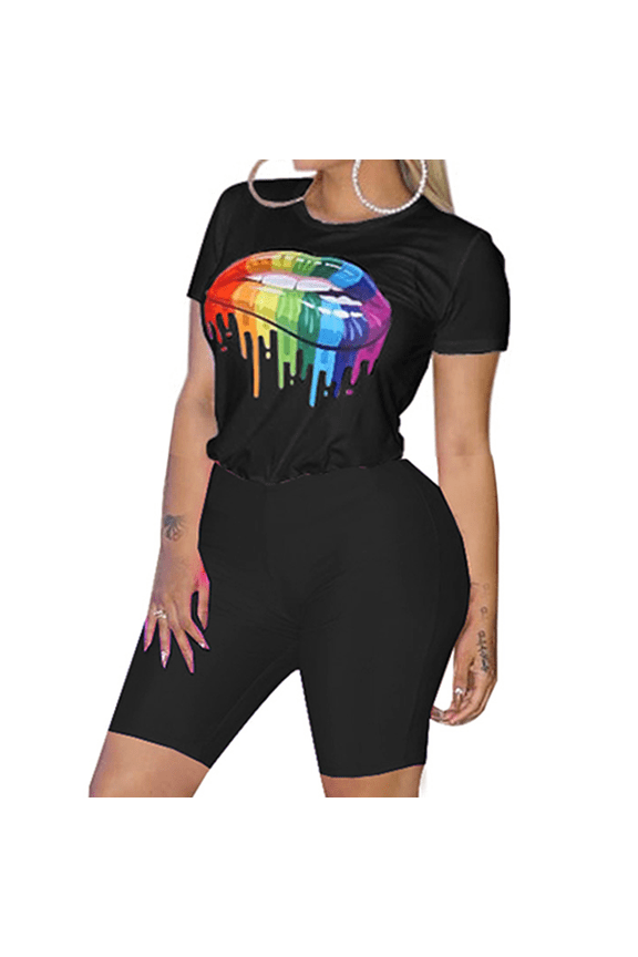 Women Plus 2 Piece Outfits Lips Print Graphic Tees Biker Short Set Tracksuit