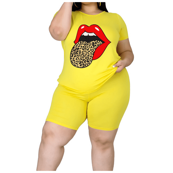 Akmipoem Women Plus 2 Piece Outfits Workout Summer Graphic Tees Short Sleeve Biker Shorts Tracksuit Set