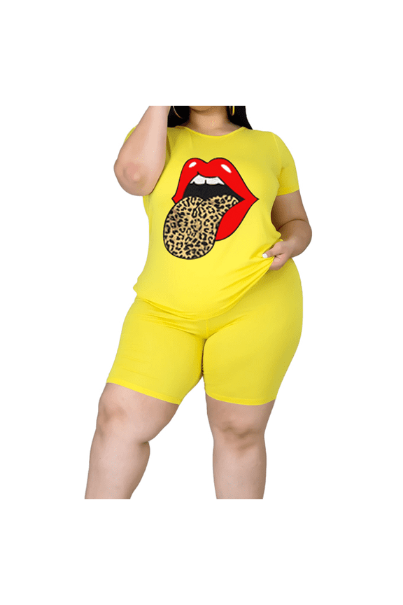 Women Plus 2 Piece Outfits Workout Summer Graphic Tees Short Sleeve Biker Shorts Tracksuit Set