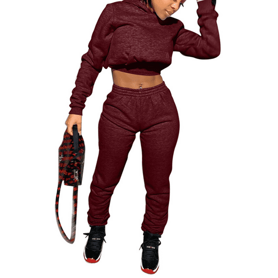 Akmipoem Women Plus Hoodie Crop Sweatshirt Trackpants 2 PC Sweatsuits Sets Wine Red 2XL
