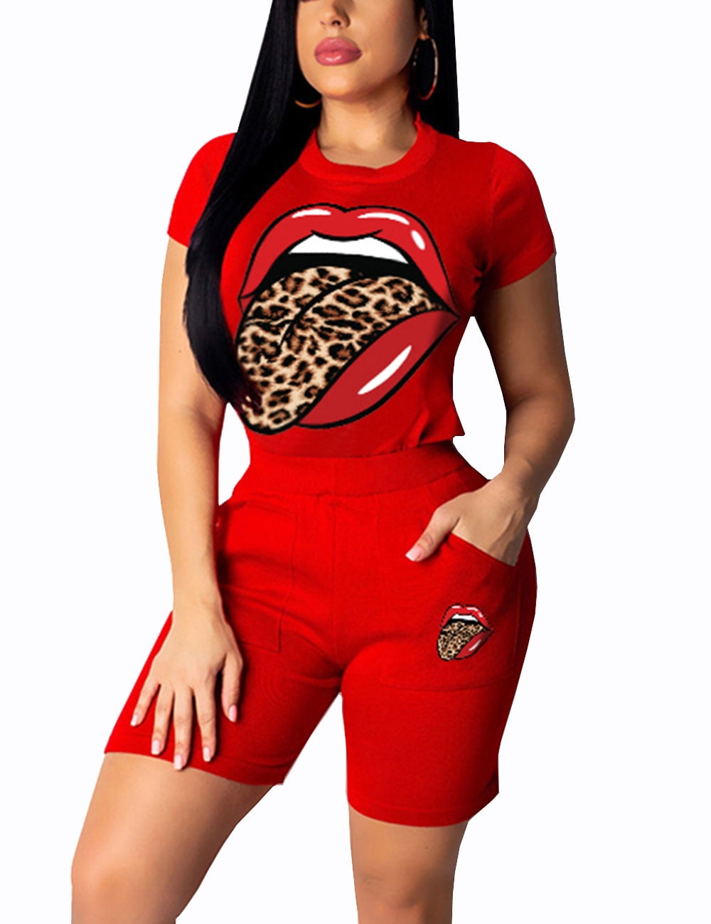 Gaecuw Biker Short Sets Women 2 Piece Outfits Summer Short Sleeve Mini Length Two Piece Sets V Neck Shorts Loungewear Pullover Seamless Legging Worko