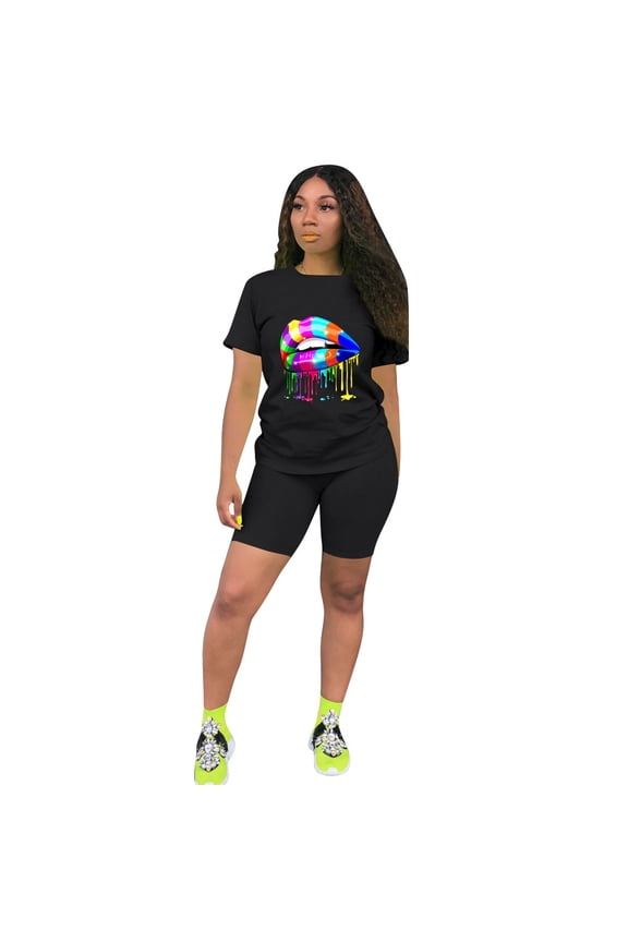 Women Two Piece Outfits Lips Rainbow Graphic Biker Short Set Workout Summer Tracksuits