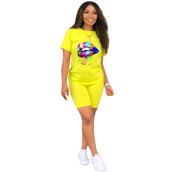 Akmipoem Women Two Piece Outfits Lips Rainbow Graphic Biker Short Set Workout Summer Tracksuits